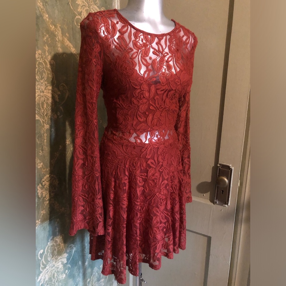 Y2k does 90s Burnt Orange Lace Long-Sleeve Fit-and-Flare Dress